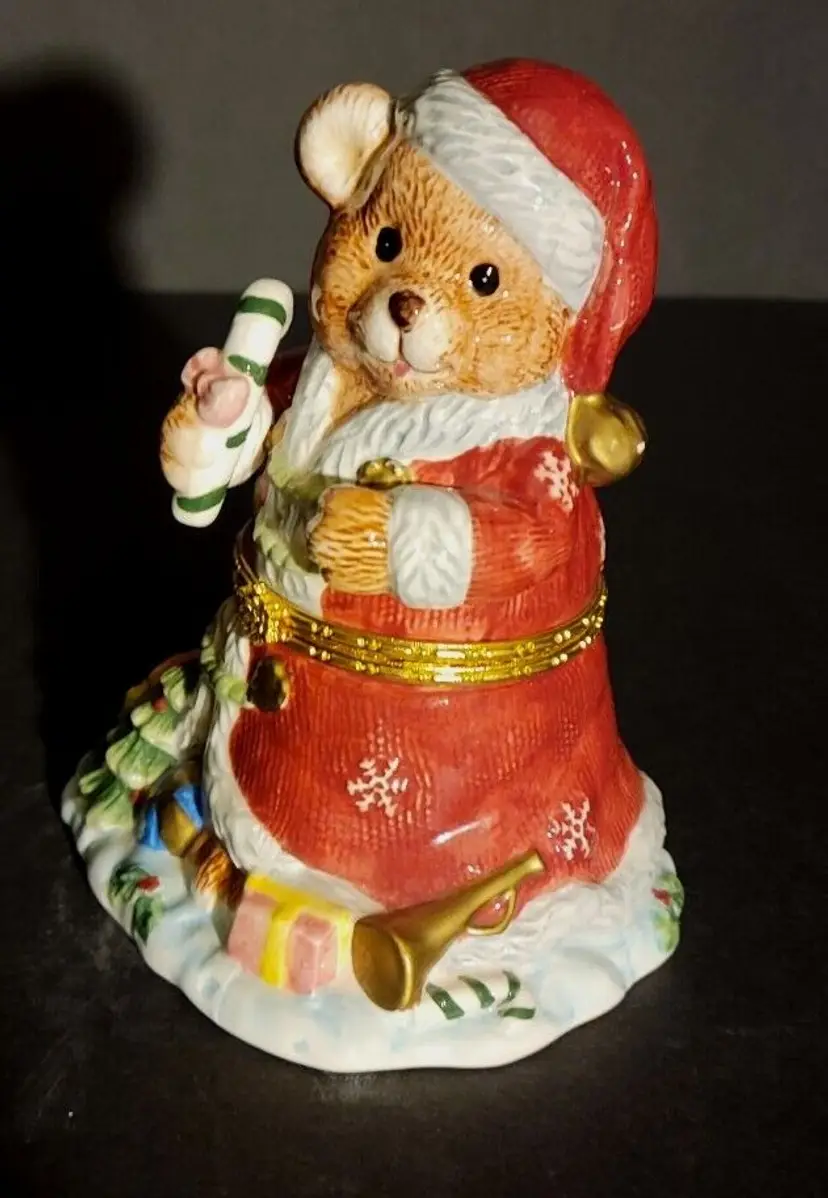 Christmas Bear Trinket Box Home for the Holidays Porcelain Hinged Lid Gold Trim