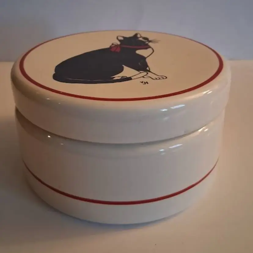 Vintage Pfaltzgraff USA Artist Signed Hand Painted Cat Ceramic Lidded, Round Trinket Box, RARE!