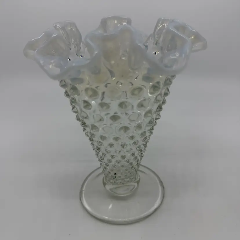 Fenton Clear to White Opalescent Glass Vase Hobnail Ruffled Rim Glows