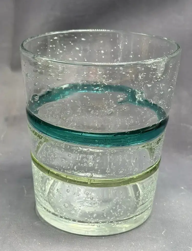 Art Glass Handblown Fused Glass 3 Glasses Seed Bubbles Blue Green Stripes Drinking Juice