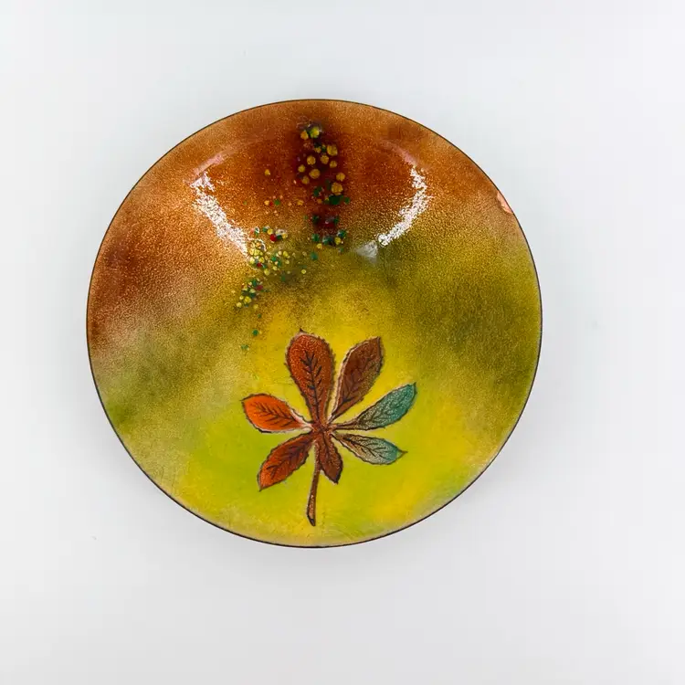 Enamel On Copper 7.5" Bowl Hand Painted Leaf Design