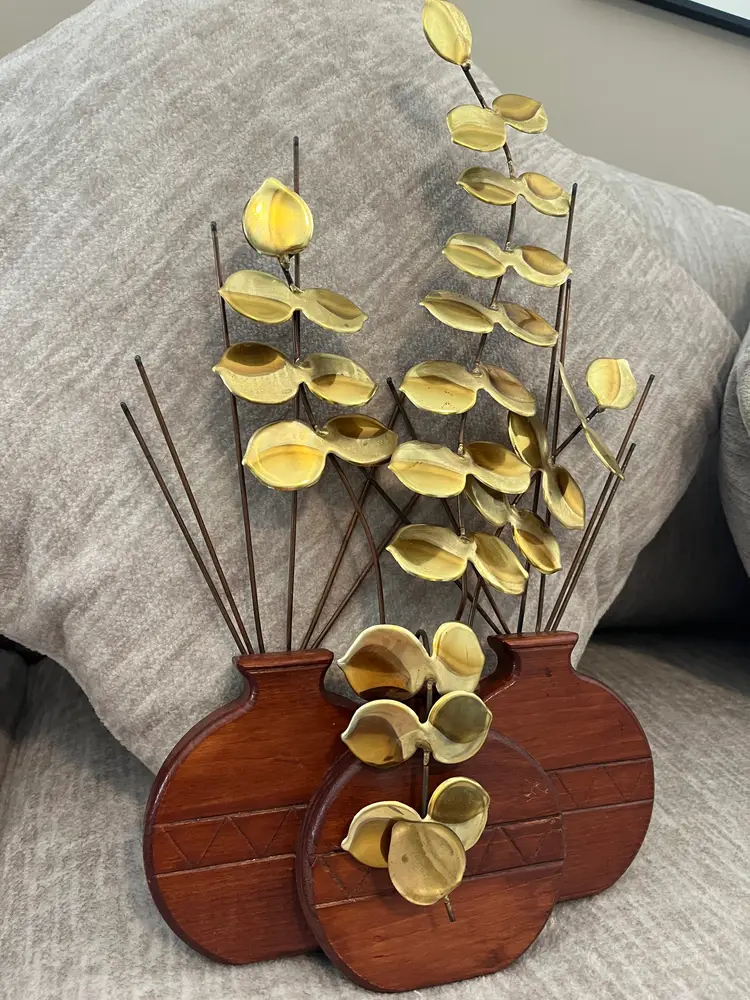 Vintage Wood Vases with Brass Eucalyptus Branches Wall Hanging MCM