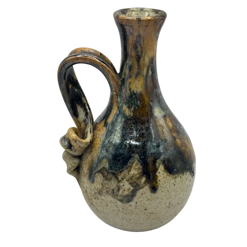 Signed Pottery Vase With Twisted Handle Drip Glaze 7.5”