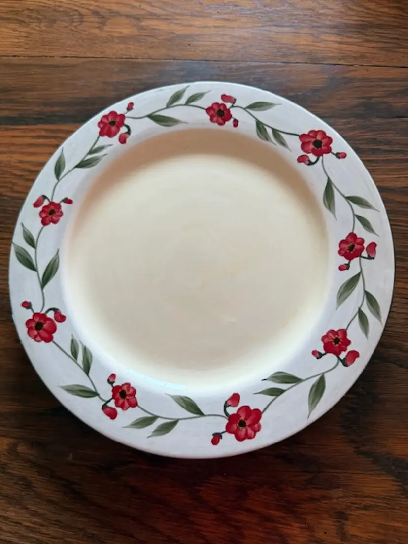 Handmade Vintage Floral Plate – 11" – Brushes by Kiln Huntsville, AL – Hand-Painted Red Flowers