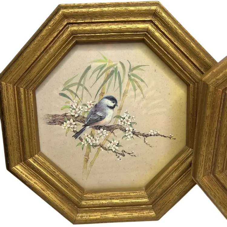 Set Of 2 1982 Homco Chickadee Pictures With Gold Octagon Frame @ 10x10 Some Sun Fading