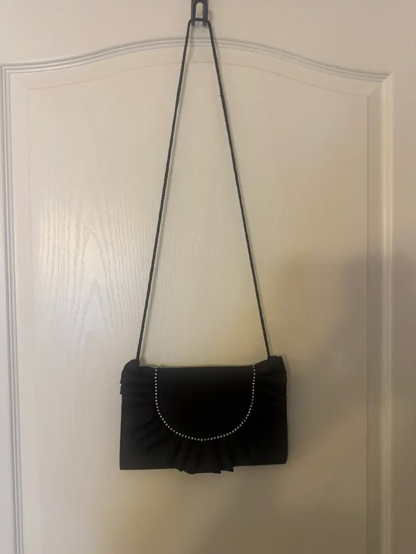 Black Satin And Rhinestone 10” X 6” Evening Bag W/Fabric Strap 20” Drop