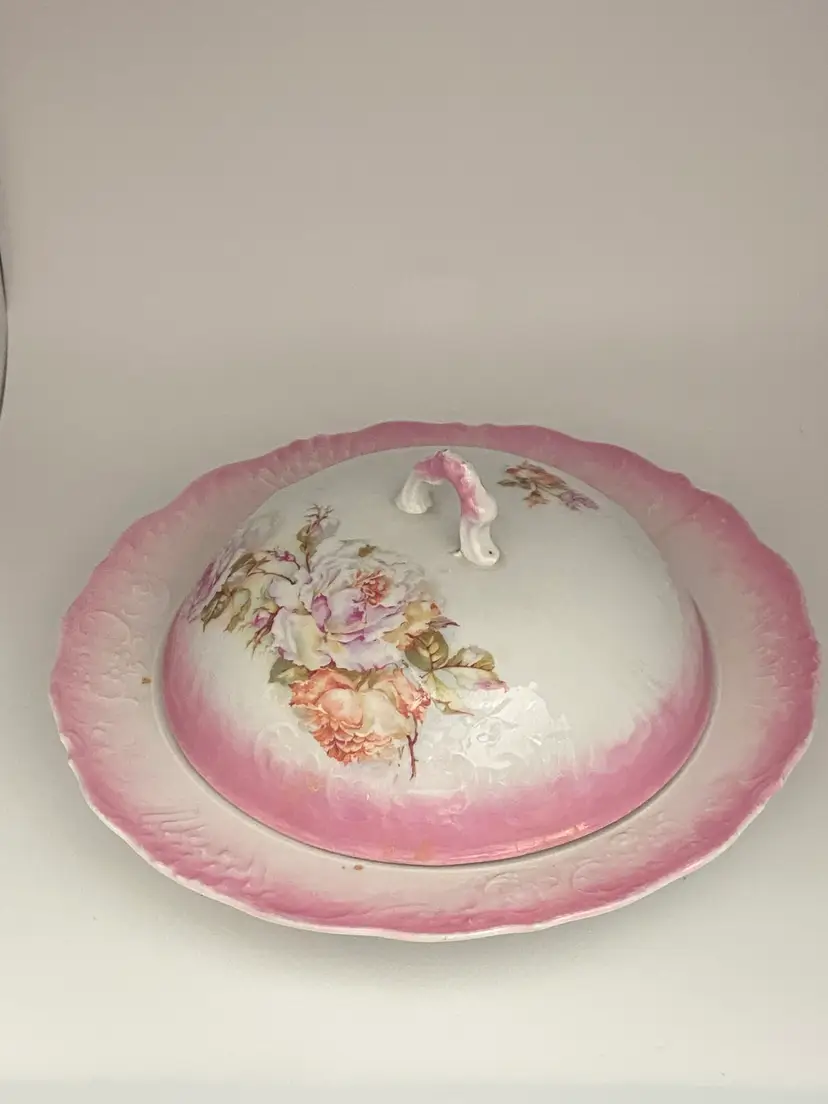 Vintage Covered Butter Dish w/ Floral Design and Pink Rim, 7.75" Diameter