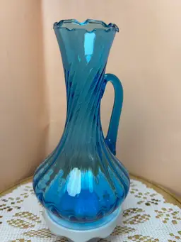 1950s Empoli Teal Blue Art Glass Vase Optics Swirl With Handle
