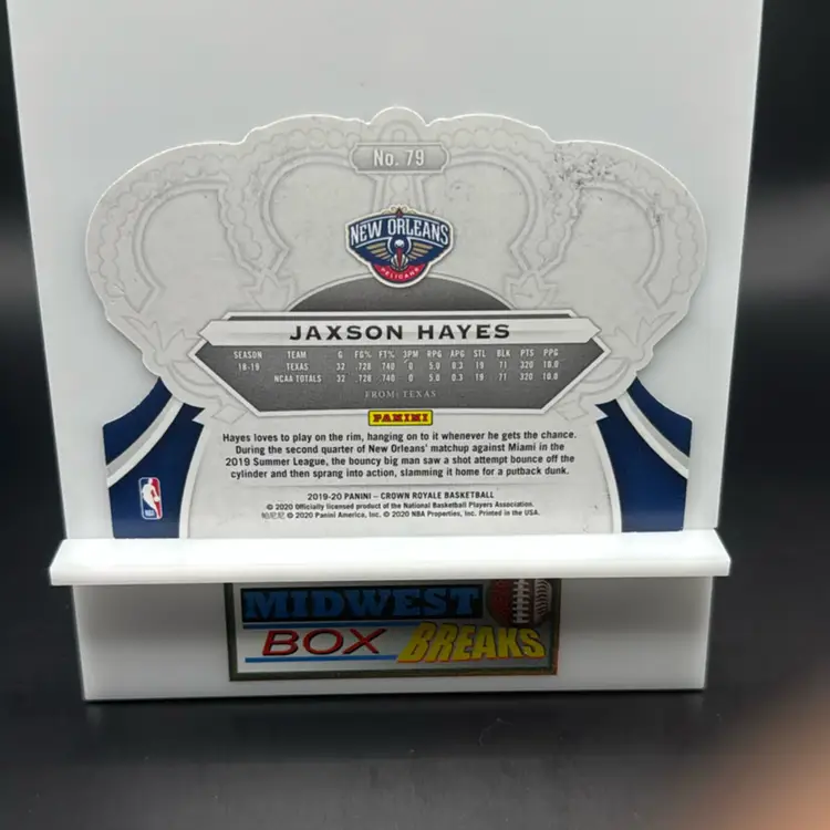 Jaxson Hayes Rc 2019-20 Crown Royale New Orleans Pelicans MBBCRD