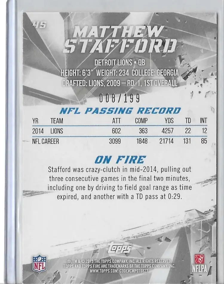 Matthew Stafford 2015 Topps Fire Detroit Lions Parallel 008/199