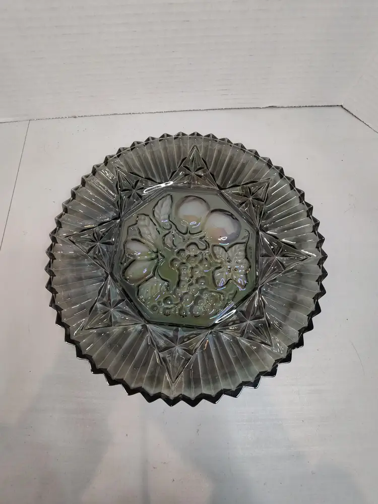 Vintage Federal Glass Pioneer Smoke Carnival Glass Bowl Plate Dish Fruit Sawtooth Edge