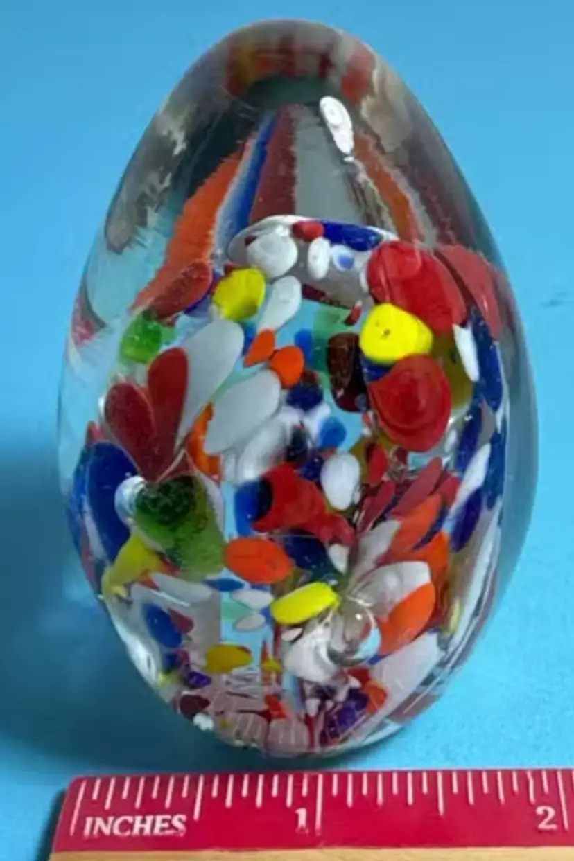 Egg-shaped Floral Confetti Paperweight with Stamen Bubbles