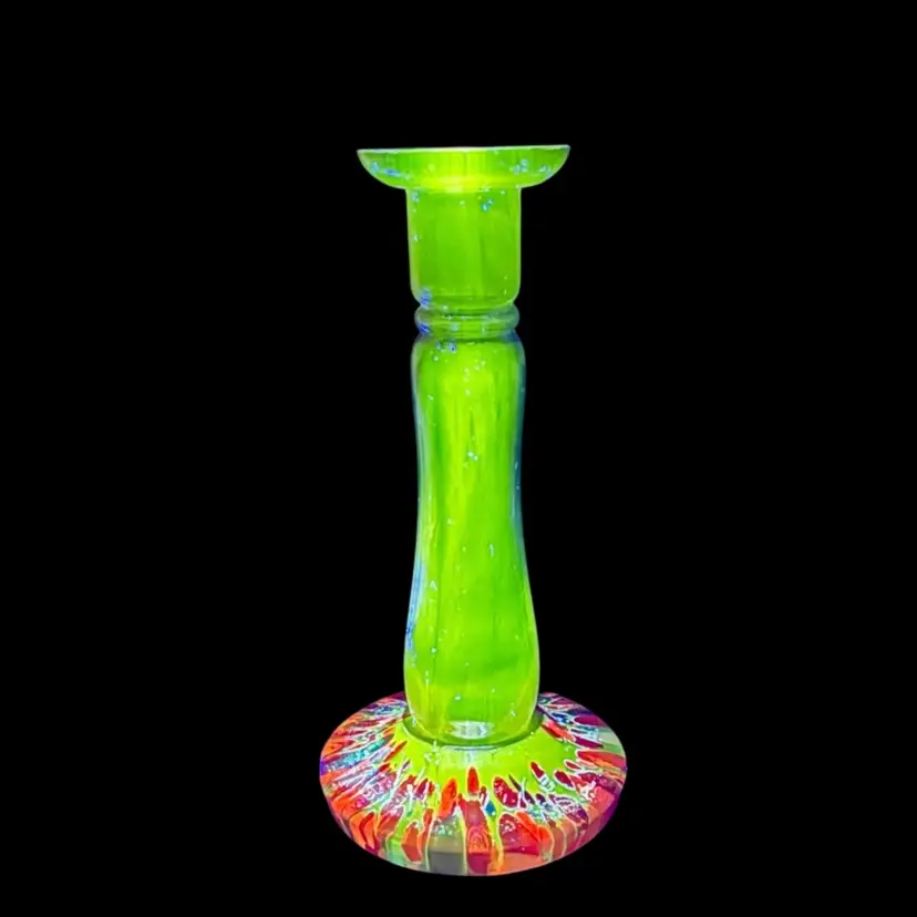 Two Bohemian Czech Amethyst Candlestick Holders with Spatter base Glow Embossed “Czechoslovakia” Glow READ
7-1/4” T x 3-5/8” W