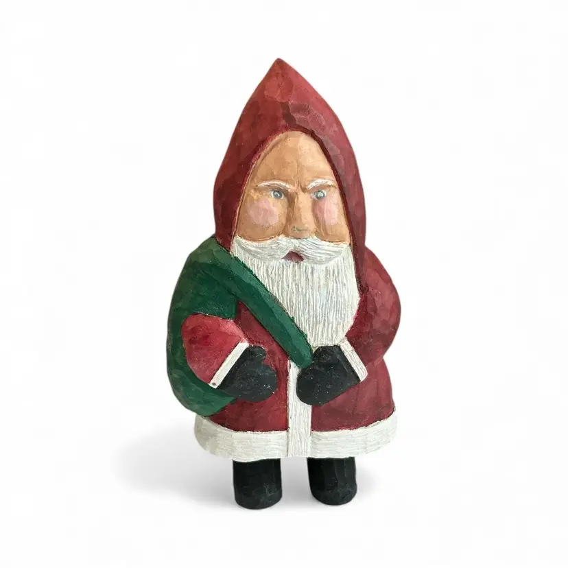 Vintage Painted Wood Carved Santa Claus Father Christmas w/ Sack Signed