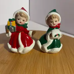 Vintage Ceramic Handpainted Christmas Ladies Figurines With Presents And Muff