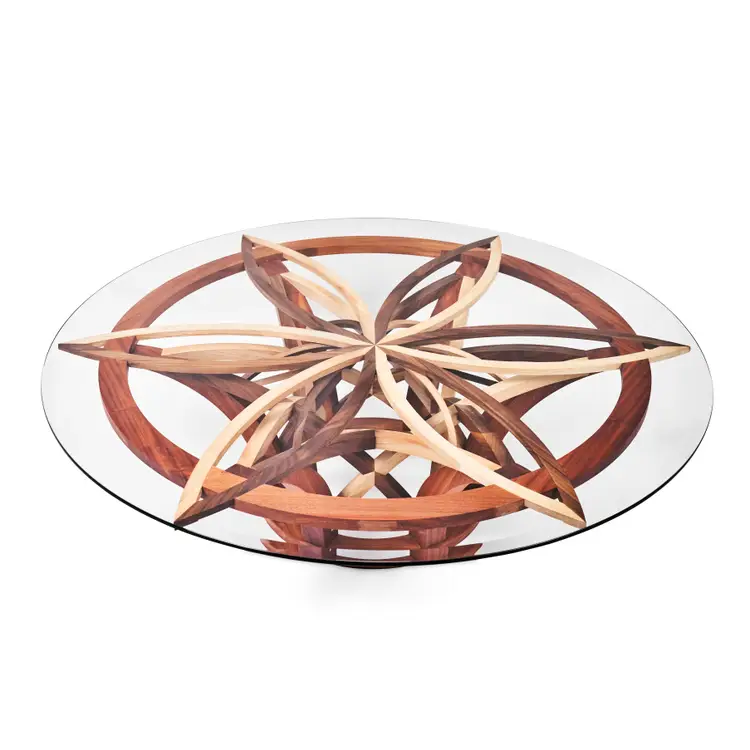 Handcrafted Coffee Table | Mahogany, Maple & Black Walnut with glass top | Cathedral Dome–Inspired Joinery | No-Metal Construction