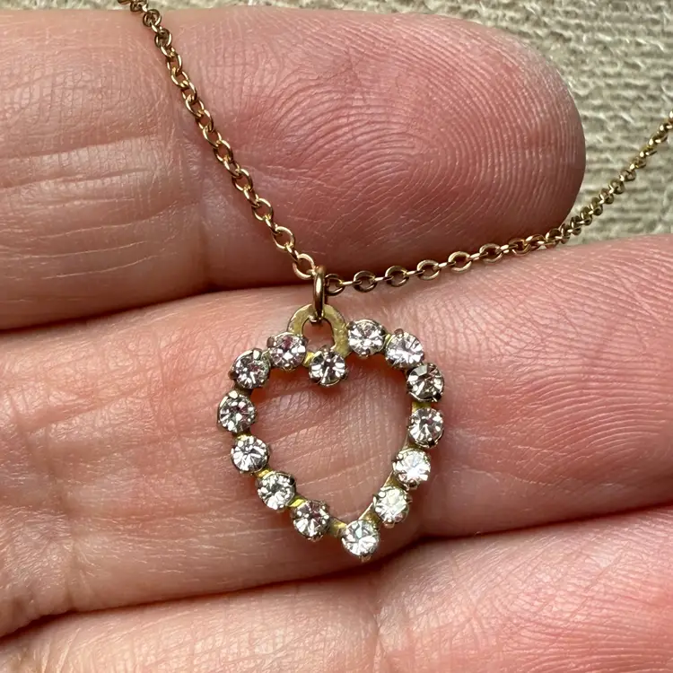 Vintage Krementz 14K Gold Overlay Small Rhinestone Heart Pendant with 18" Necklace Minimalist