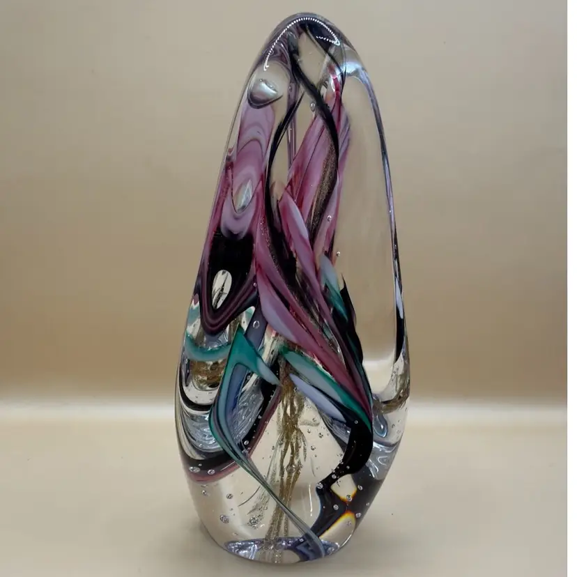 Helix Twisted Pink Teal Black Gold Signed & Dated Art Glass Pillar Paperweight 5.5”