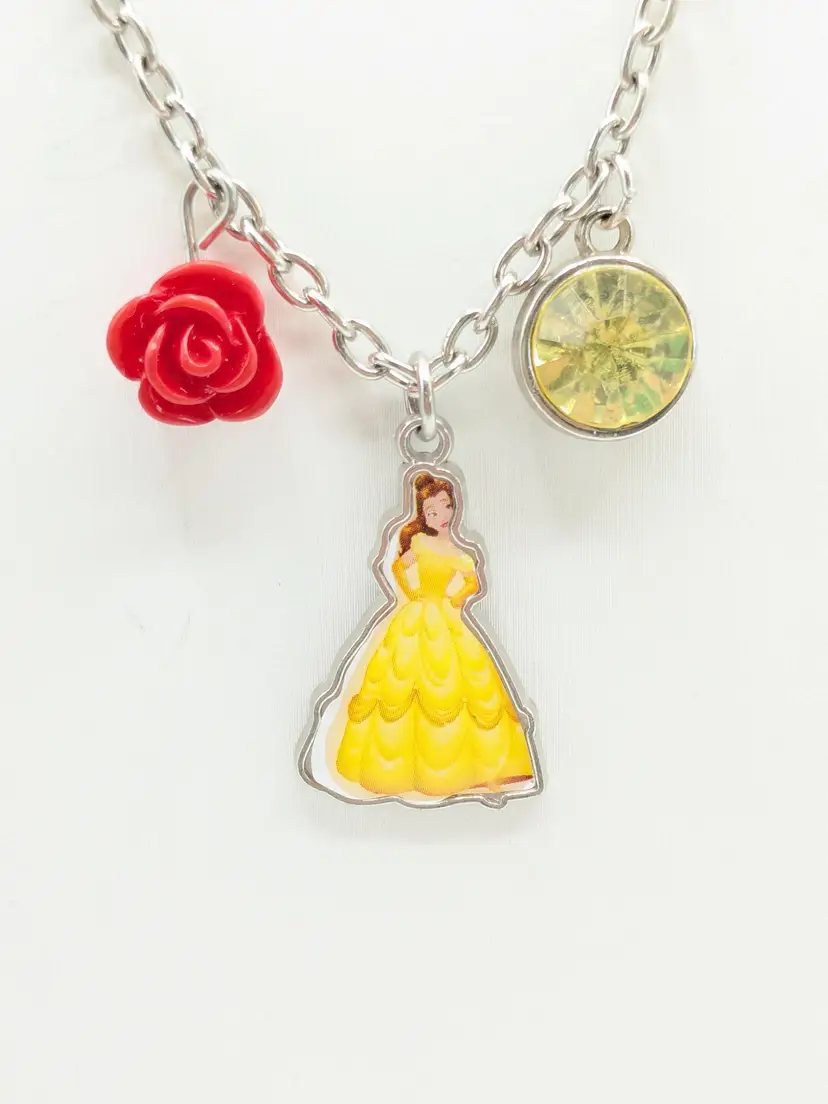 Disney Princess Belle Charm Necklace with Rose and Gem Silver Tone Beauty and the Beast