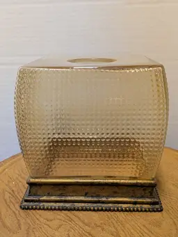 Nichole Miller New York ISADORA Glass Bathroom Set TISSUE COVER Gold wood cut crystal amber iridescent glass