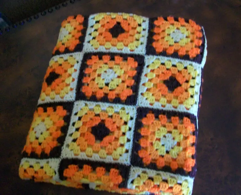Vintage 70's Crochet Granny Square Afghan Throw Blanket Orange Yellow Brown 42" x 70" Granny Core