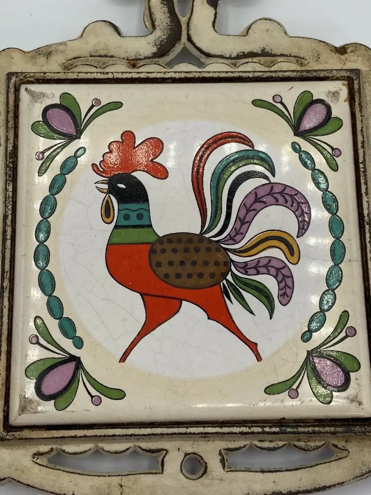 Vintage Metal And Tile Trivet - Colorful Rooster - Made In Japan Wall Hanger
