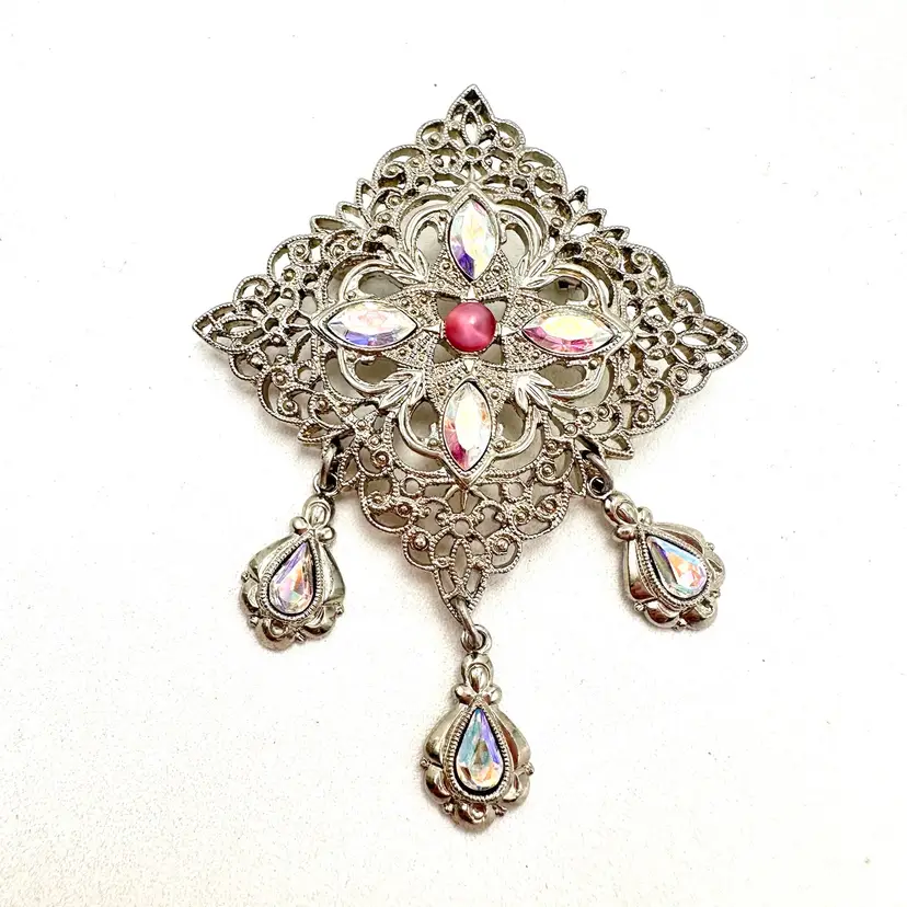 AB Pink Silver Tone Dangle Accent Brooch 2.5” Bridgerton Inspired Jewelry