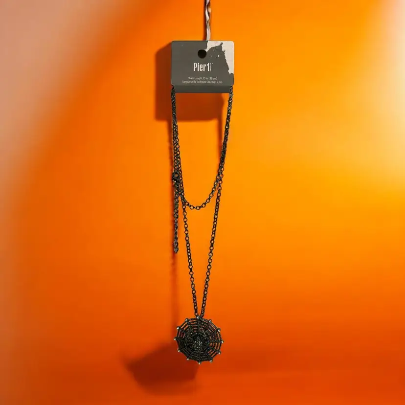 Pier 1 Imports Spider Web w/ Rhinestone Spider Green Eyes Gunmetal Necklace New