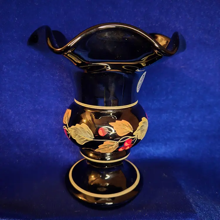 236  Fenton Ebony Glass Vase Handpainted Signed Pinched Rim