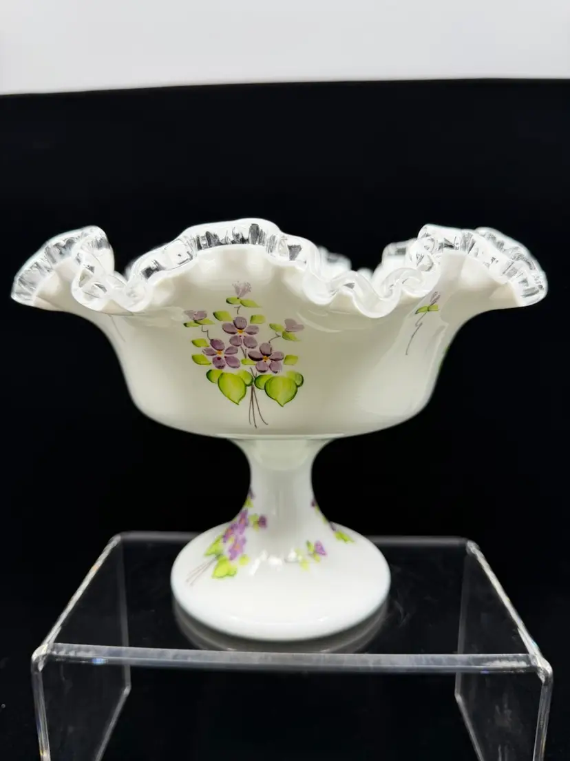 Vintage Fenton Silver Crest Hand Painted Ruffled Compote Candy Dish Signed Glows