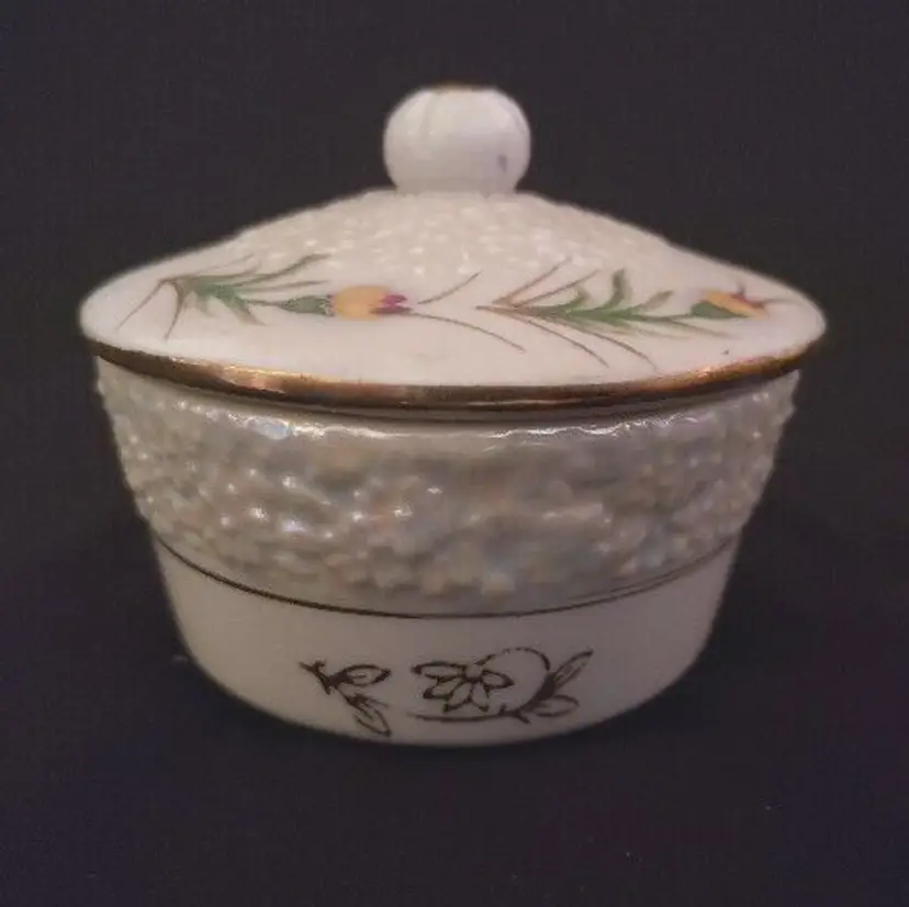 Ceramic Dresser Lidded Jar 3 1/2" Diameter White Floral Gold Trim Japan Vintage