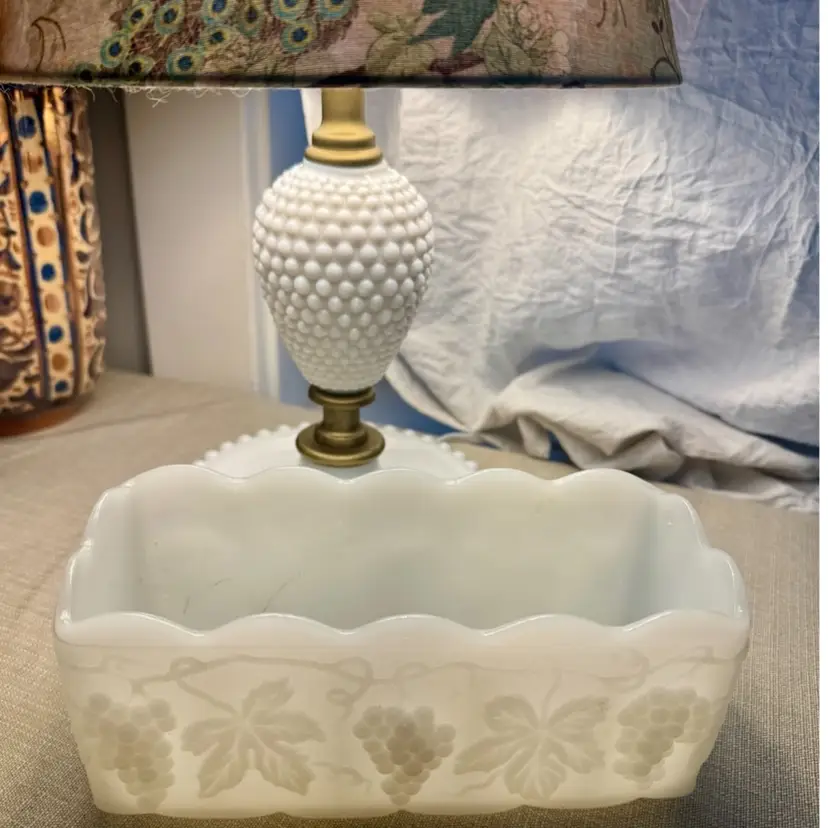 8” vintage Fire King milk glass planter, by Anchor Hocking