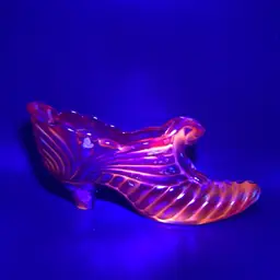 Fenton Iridescent Drape Cat Head Glass Shoe Hand Ptd Red Amberina Cadmium Glow