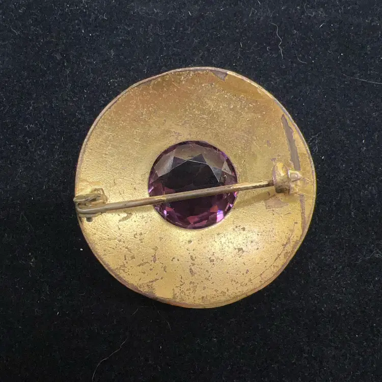 Art, Deco, Purple, Faceted, Glass, Gold Tone Brooch 2”