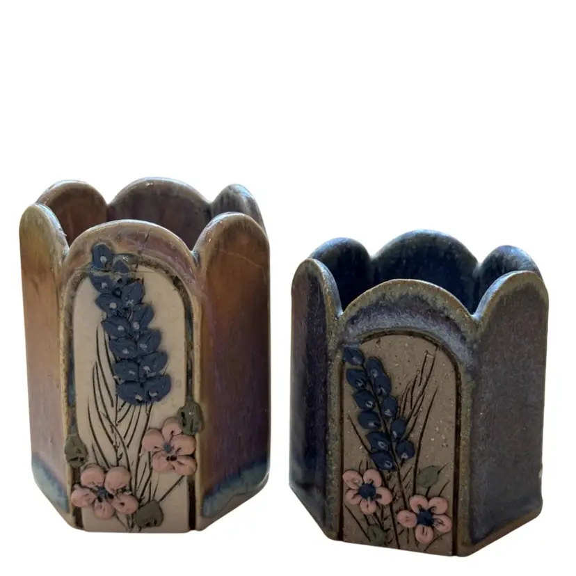 Wild Rose Pottery, Floral, Pink, And Blue Small Vases Set Canadian pottery