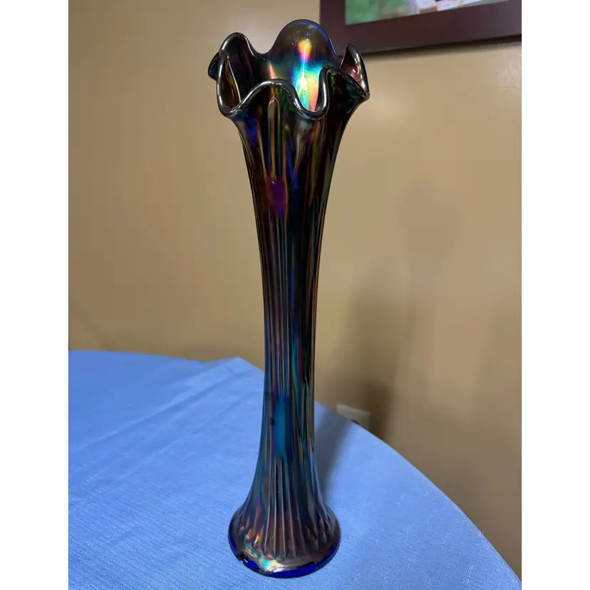 Carnival Glass Cobalt Swung Vase Ribbed 15.5 inches tall; Iridescent