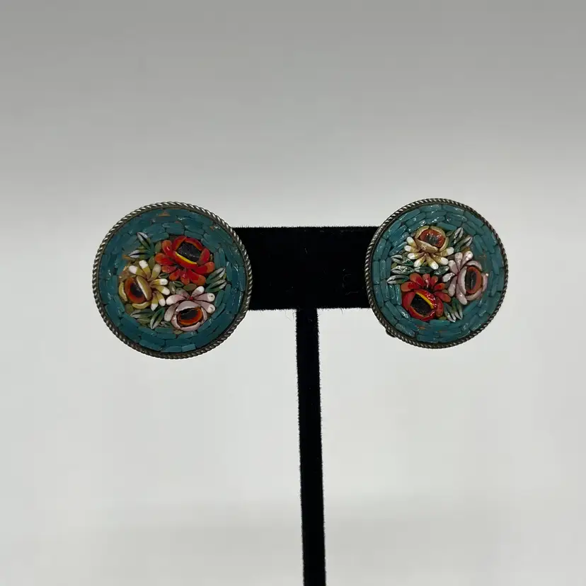 Vintage Italian Micro Mosaic Flower Clip Earrings
