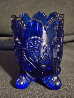 Cobalt Blue St Clair Glass Fan & Feather Toothpick Holder - 2 1/2" tall