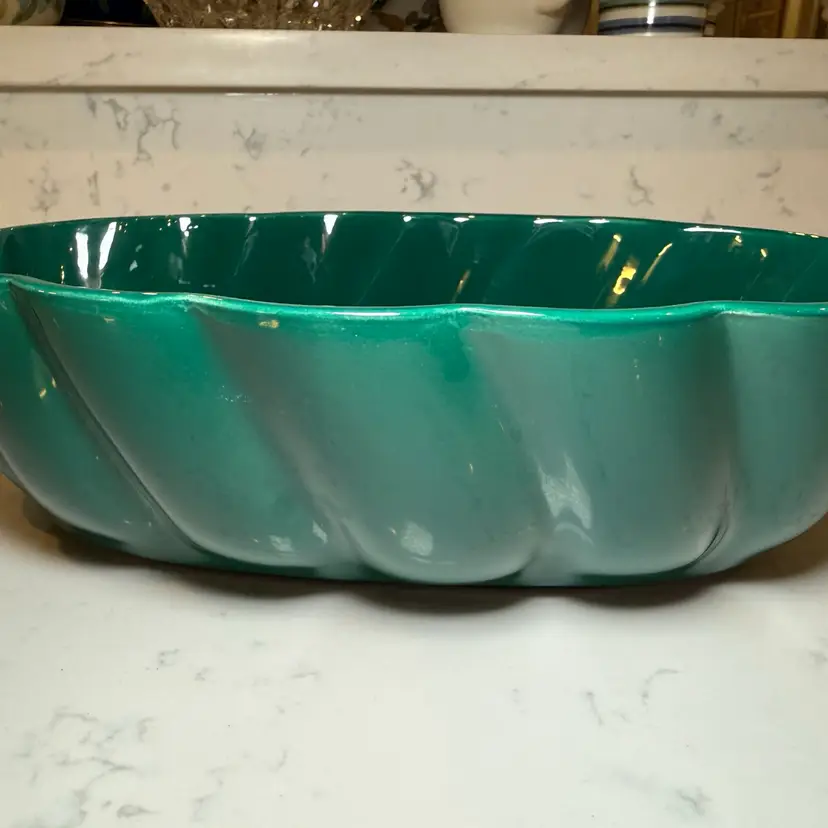 Emerald Green Fluted Oval Ceramic Planter Or Bowl