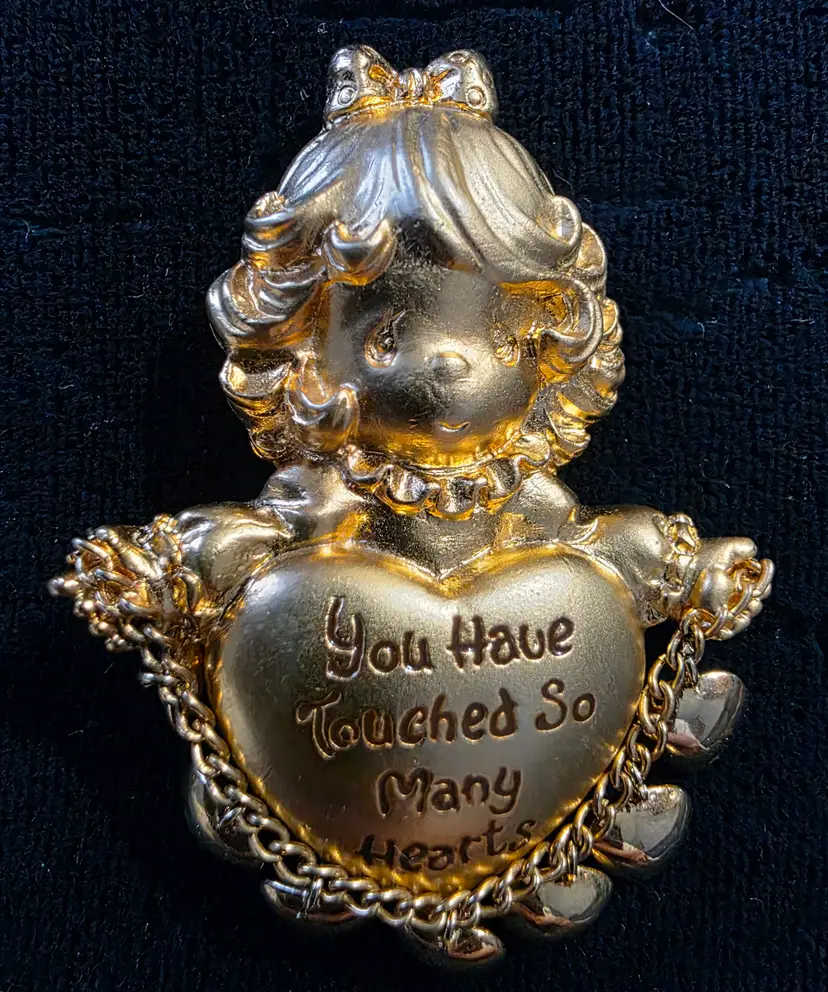 Precious Moments "You Have Touched So Many Hearts" Gold Tone Brooch Signed