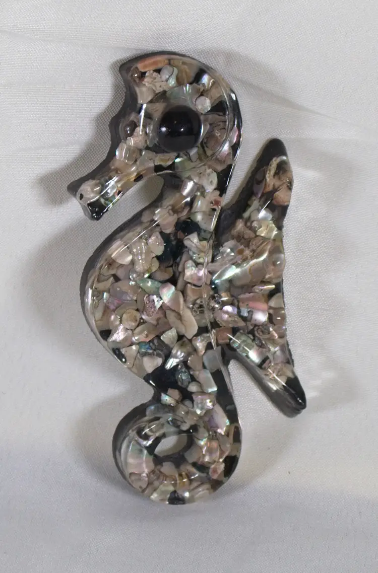 Vintage Set of 2 Black Lucite & Abalone Seahorse Wall Plaques