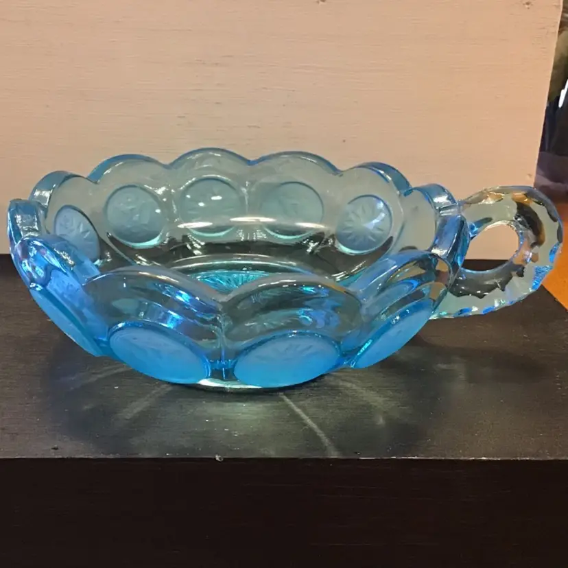 Vintage- Fostoria, Coin Dot, Ice Blue, Glass Dish, Scalloped Rim w/ Handle