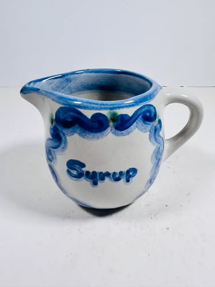 Country Scene Blue by M A HADLEY Bluette Open Syrup Pitcher Tapping Tree