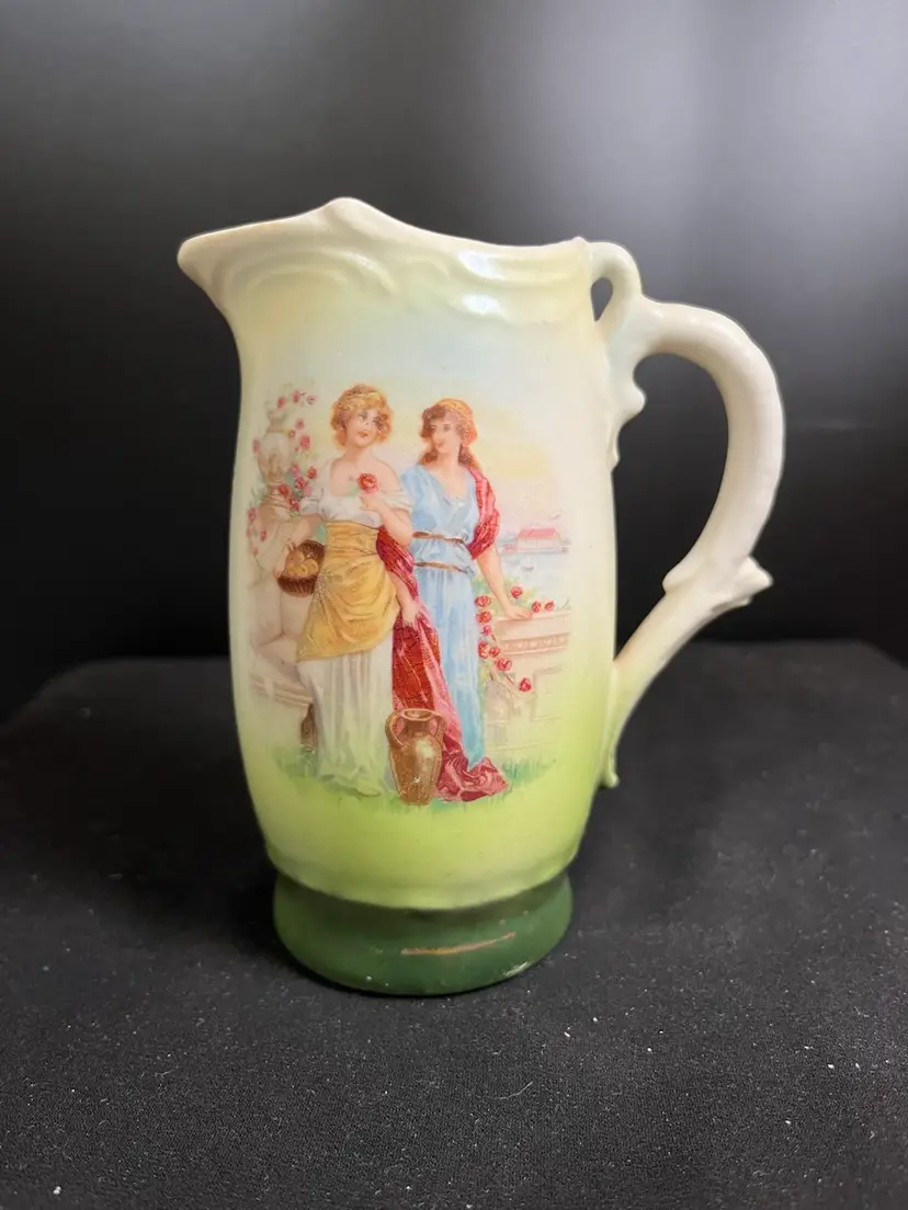 Stamped "Czecho Slovakia" Light Sage Green, Greens w/ Applied Victorian Style Women in a Garden-Pitcher-Lot 54