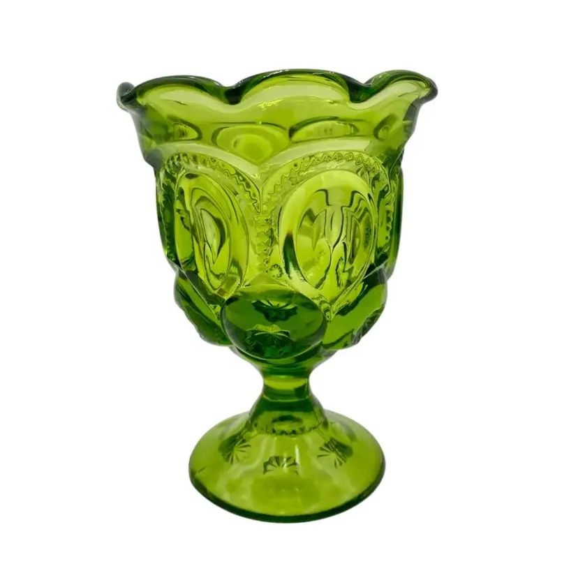 Vintage L.E. Smith Moon & Stars Open Compote, Green, 9-Pt. Crimp, Pedestal, 5.7"