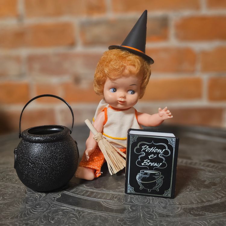 Vintage 1960s Hong Kong Witch Doll 8” Orange Polka Dot Pants, Apron, Hat, Broom & Cauldron | Halloween Display Doll