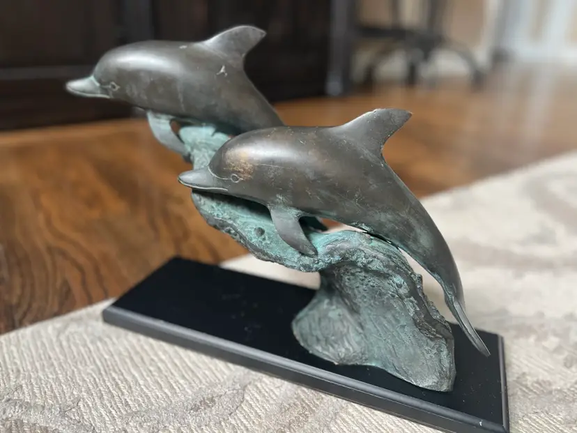 Bronze Verdegris Sculpture Two Dolphins Jumping Waves- Beautiful & Heavy Base Is 14 Inches Long