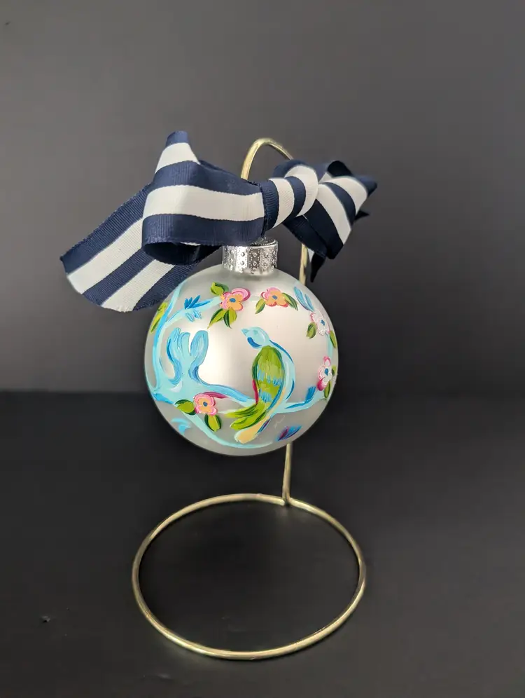 Hand Painted Glass Ornament With Floral & Bird Design Striped Ribbon Signed