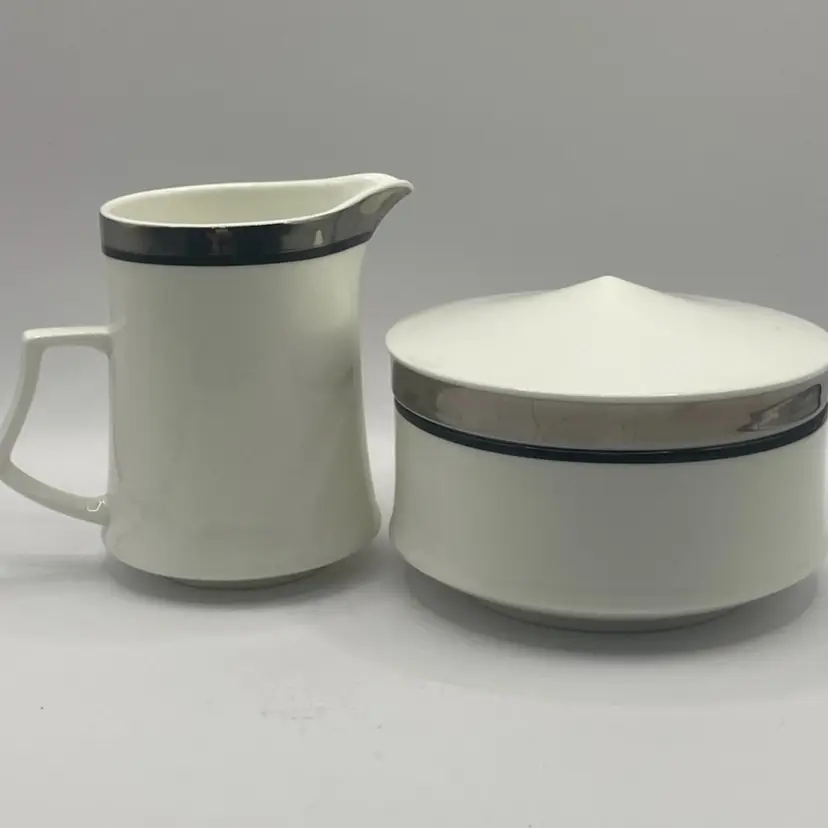 3 Pc Mikasa “Solitude” Sugar And Creamer, White With Platinum Band And Black Stripe