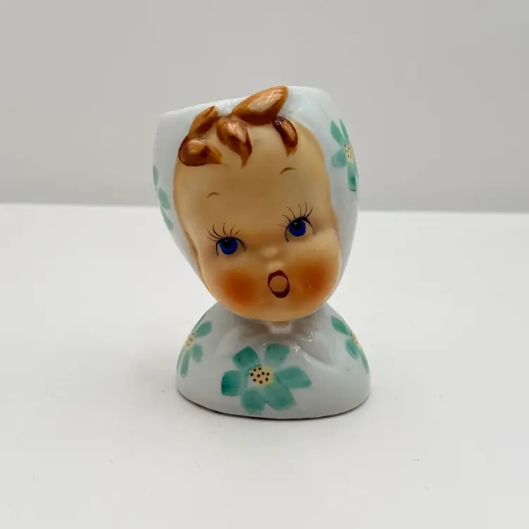 Baby In Blue Green Floral Hoodie Ceramic Vintage Head Vase